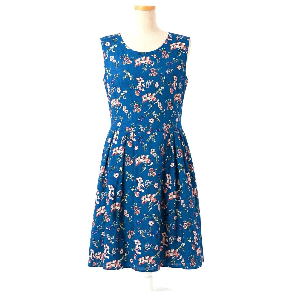 Floral 100% Cotton Fit & Flare Dress Size 6 Blue Sleeveless Cottagecore Pockets
